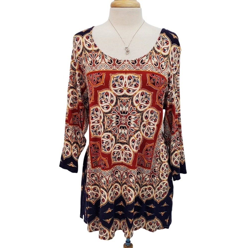 Rose + Olive Womens 3/4 Sleeve Scoop Neck Knit Top Blouse Plus Size 1X Red Blue